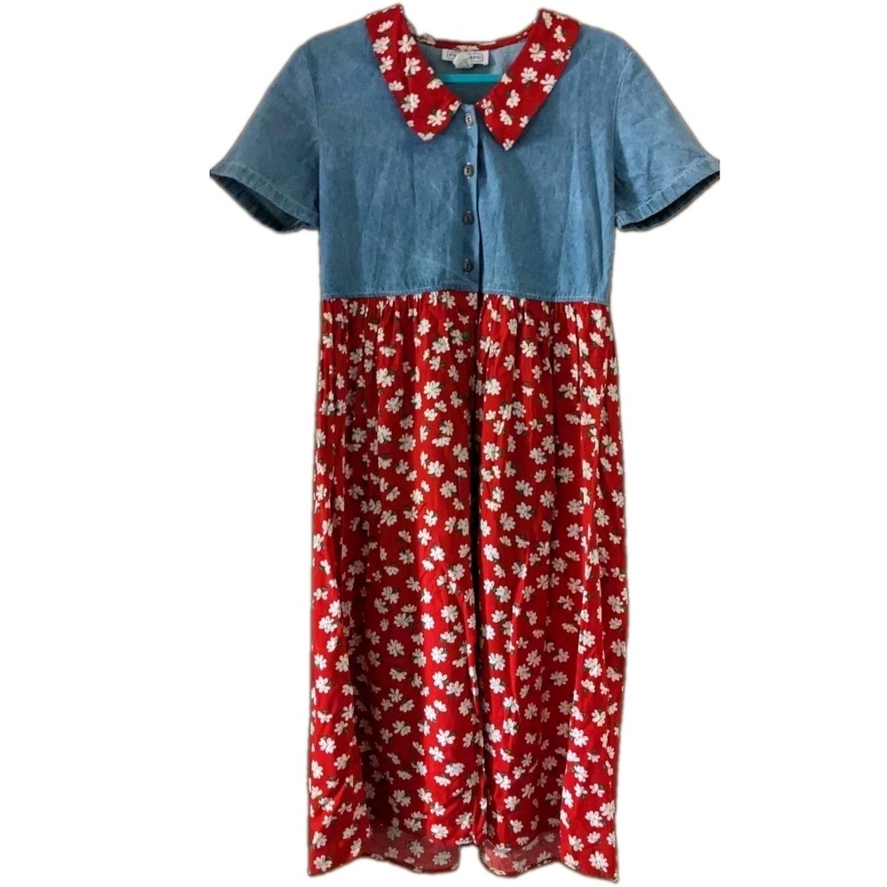 Vtg Petite Impressions Denim Dress Women's Small Red Floral Collar Grandma 90's